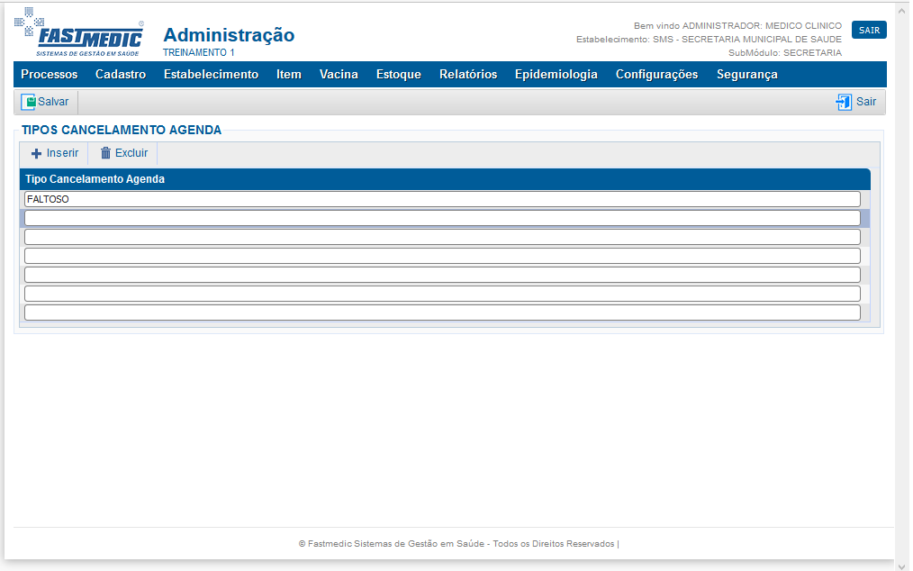 Tipos de Cancelamento Agenda